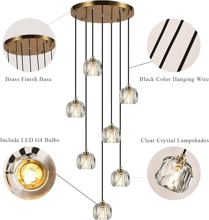 Farmhouse Crystal Pendant Lights, Brass Round Hanging Lamp, Modern Raindrop Chandeliers for Dining Room Living Room Bedroom Kitchen Island
