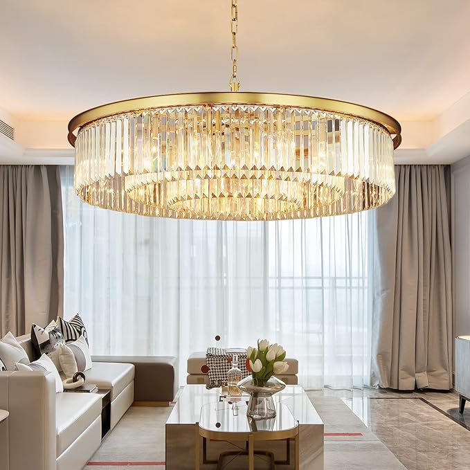 Crystal Chandelier Modern Luxury Pendant Gold Copper Ceiling Lights Fixture for Dining Living Room 12-Lights 3-Tier Raindrop Chandeliers Lighting (Copper, Dia 31 Inch)
