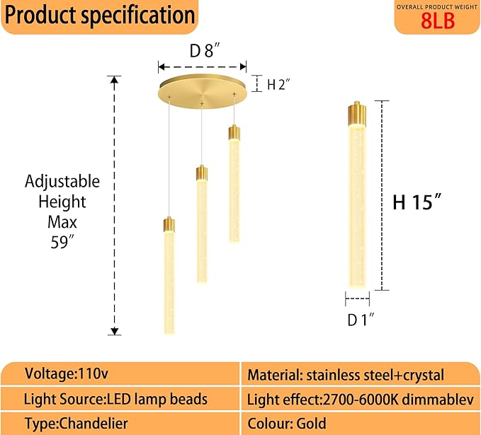 Led Crystal Column Chandelier for Dining Room 3-Light Gold LED Pendant Light for Kitchen Island Foyer Entryway Dimmable Hanging Pendant Lighting 2700K-6000K