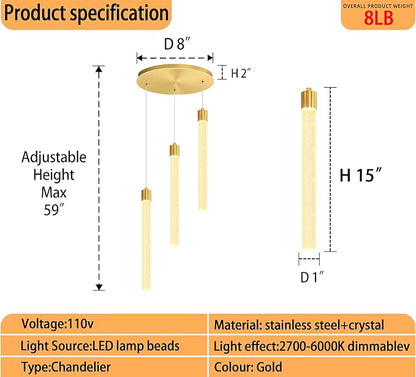 Led Crystal Column Chandelier for Dining Room 3-Light Gold LED Pendant Light for Kitchen Island Foyer Entryway Dimmable Hanging Pendant Lighting 2700K-6000K