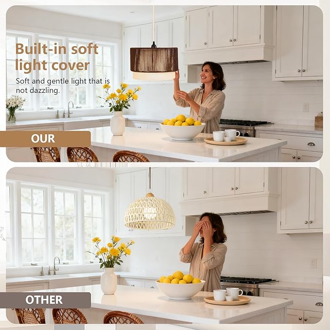 Plug in Pendant Light, Hanging Lamp with Woven Shade, Ceiling Light Fixture with On/Off Switch and 15FT Cord, Farmhouse Hanging Lighting for Living Room, Bedroom, Dining Room