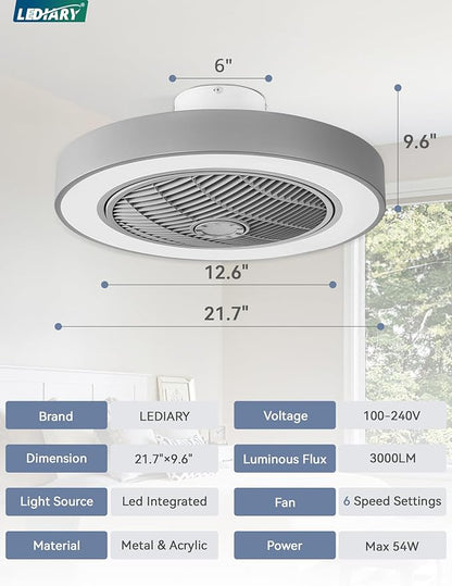 LEDIARY 22in Enclosed Ceiling Fan with Light and Remote, Grey Modern Bladeless Ceiling Fan with Bright Light, Led Flush Mount Ceiling Fans for Bedroom, Living Room, Kid Room(6 Speeds, 3000-6000K)