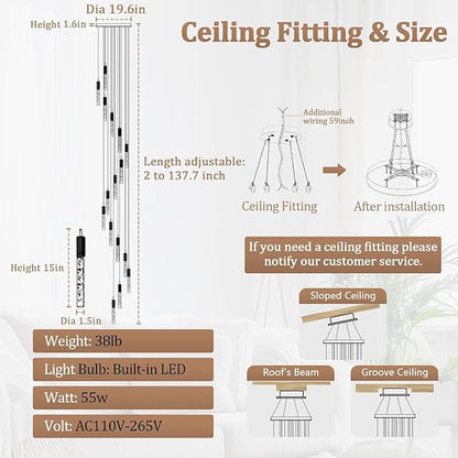 Flashing God 137'' Large Crystal Chandeliers for High Ceiling 16-Lights Stairway Chandelier Modern Gold Chandelier Crystal Pendant Ceiling Light for Living Room Foyer Entrance