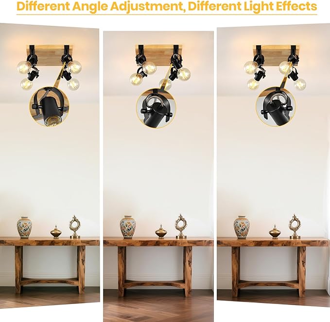 Farmhouse Wooden Flush Mount Ceiling Lamp,4-Light Directional Ceiling Spotlight Track Light Kits,Rustic Farmhouse Kitchen Light Fixtures for Kitchen Bathroom Bedroom Hallway.
