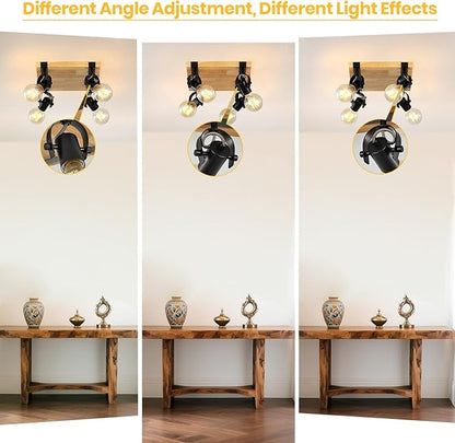 Farmhouse Wooden Flush Mount Ceiling Lamp,4-Light Directional Ceiling Spotlight Track Light Kits,Rustic Farmhouse Kitchen Light Fixtures for Kitchen Bathroom Bedroom Hallway.