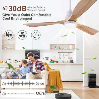 48" Wooden Ceiling Fans with Lighted Remote Control, Indoor Outdoor Wooden Ceiling Fan, Outdoor Modern Ceiling Fan with 3 Fan Blades for Patio, Living Room, Farmhouse, etc (White + Wood Color)…