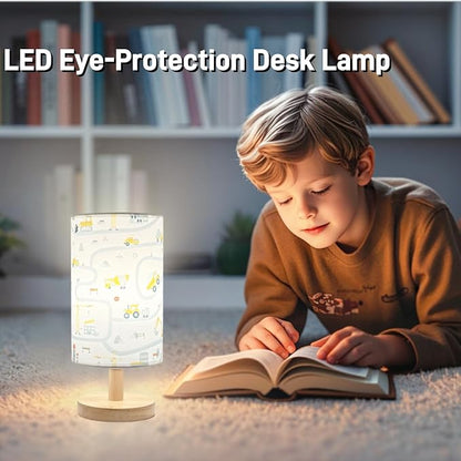 Kids Desk Lamp for Bedroom Boy,Reading Car Lamp,3-Way Dimmable with Cartoon Pattern Printed Shade and Wood Base,for Kids Room,Nursery or Living Room Decor,Car Gift for Christmas Boys