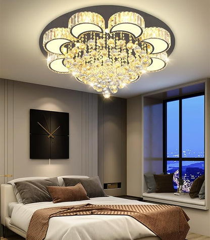 31.4" Black Modern Crystal Chandeliers for Dining Room LED Dimmable Light Fixtures Flush Mount Light Living Room Bedrooms