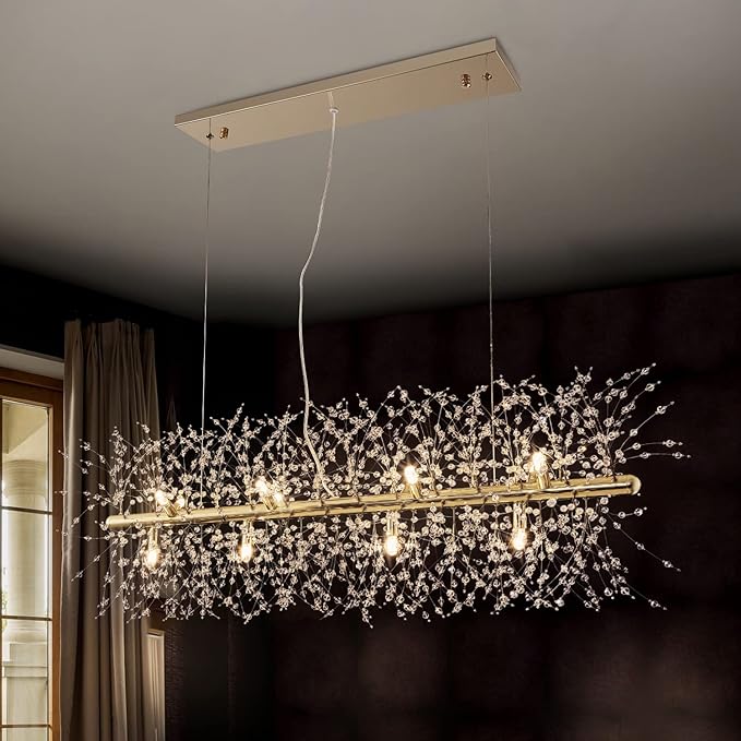Modern Crystal Firework Chandelier, Linear Lighting Fixtures Hanging, Gold Dandelion Chandelier LED Pendant Lighting for Dining Room, Bedroom, Living Room (12-Light, 35.5")
