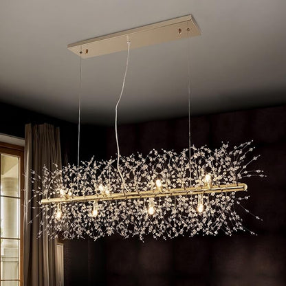 Modern Crystal Firework Chandelier, Linear Lighting Fixtures Hanging, Gold Dandelion Chandelier LED Pendant Lighting for Dining Room, Bedroom, Living Room (12-Light, 35.5")