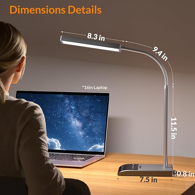 LEPOWER Desk Lamp, 800LM LED for Home Office, 12W Reading for Desk, Eye-Caring Light, Touch Table Gooseneck Lamp, 50 Lighting Modes, Bright for Bedroom, Study (Grey)
