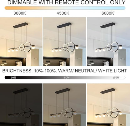 ORANOOR Modern Black Gold Chandeliers for Dining Room, Dimmable LED Chandelier Linear Pendant Light for Kitchen Island, 39in Globe Haning Pendant Chandelier Lighitng with Remote (2 Rings, 3000lm)
