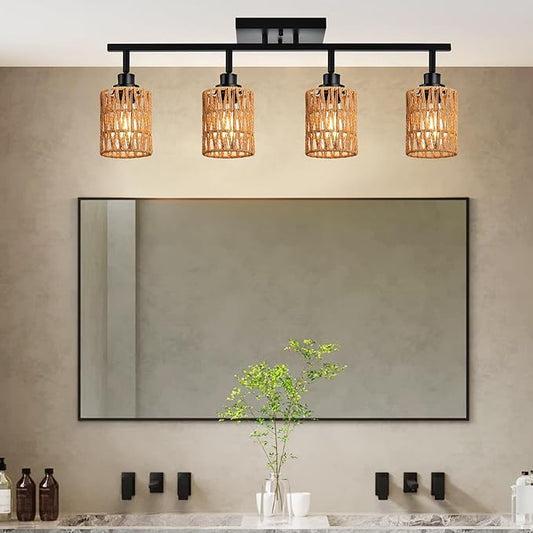 MELUCEE 4 Light Track Lighting Kit Farmhouse Bathroom Light Fixtures Black Ceiling Spotlight Fixture with Rattan Lamp Shade for Hallway Porch Foyer Bath Storage