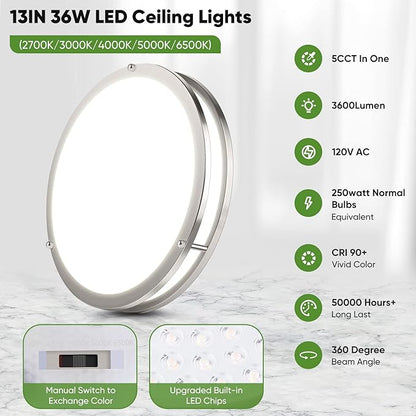 36W LED Ceiling Lights 3600lm Super Bright, Dimmable Flush Mount Light Fixtures 6500K/5000K/4000K/3000K/2700K Adjusted Modern Ceiling Lights 2PACK, 13 Inch Ceiling Lamps for Bedroom Kitchen, Nickle