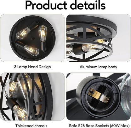 Farmhouse Cage Ceiling Light Fixtures, 3-Light Indoor Close to Ceiling Lights, 13 Inch Round Vintage Metal Flush Mount Ceiling Lights for Bedroom, Living Room, Porch Kitchen Entrance, Black