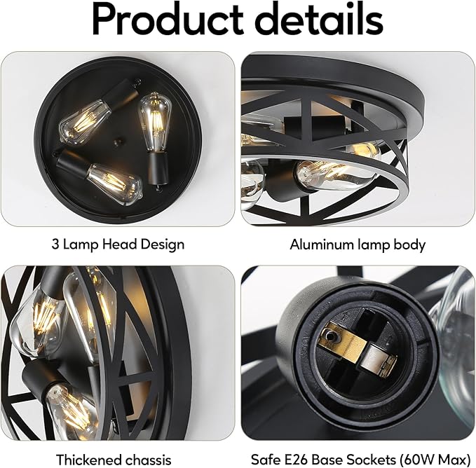 13 Inch Close to Ceiling Light Fixtures 2 Pack, 3-Lights Farmhouse Flush Mount Ceiling Light, Black Indoor Metal Cage Semi Flush Mount Ceiling Light for House Hallway Kitchen Bedroom