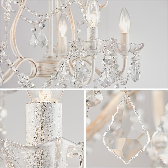 WUZUPS 5-Light Crystal Candle Chandelier Pendant Ceiling Light Modern Lighting Fixture for Bedroom Hallway Bar Kitchen Bathroom, H 23.2" W 20.7", E12 Base, Rustic White