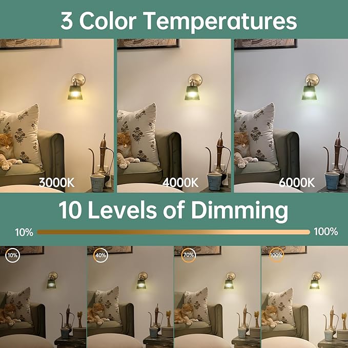 Shenmoyl Vintage Battery Operated Wall Sconce with Green Stripe Glass Lampshade Rechargeable Battery Powered Wall Light with Remote Control for Bedside Bedroom Doorway