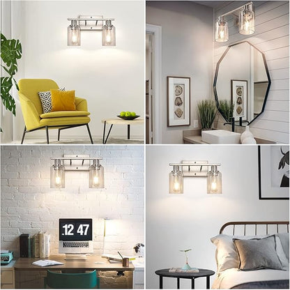ShineTech 2-Light Bathroom Vanity Light Fixture, Brushed Nickel Bathroom Light Fixtures Over Mirror, Modern Wall Mounted Bathroom Lighting with Clear Glass Shade for Bathroom, Bedroom, Hallway