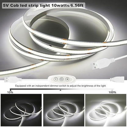 5V COB LED Strip Lights USB Powered Dimmable 6500K White CRI93+ 6 ft Dotless LED Tape Light with Dimmer, Flexible Cuttable COB Strips for Sewing Machine 3D Printer Desk TV DIY Cabinet Lighting