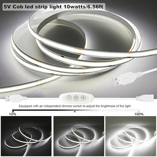 5V COB LED Strip Lights USB Powered Dimmable 6500K White CRI93+ 6 ft Dotless LED Tape Light with Dimmer, Flexible Cuttable COB Strips for Sewing Machine 3D Printer Desk TV DIY Cabinet Lighting