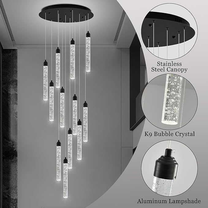 Crystal Staircase Chandelier, Modern Black Large Spiral Dimmable LED Cluster Raindrop Foyer Chandelier Lighting, Bubble Living Room Hanging Light Fixture 12 Light Remote Control
