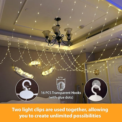 HXWEIYE 300LED Fairy Curtain Lights, 9.8x9.8Ft USB Plug-in 8 Modes Christmas String Hanging Lights with Remote for Bedroom Backdrop Wedding Indoor Wall Decor, Warm White, Tangle-Free – 1 Pack