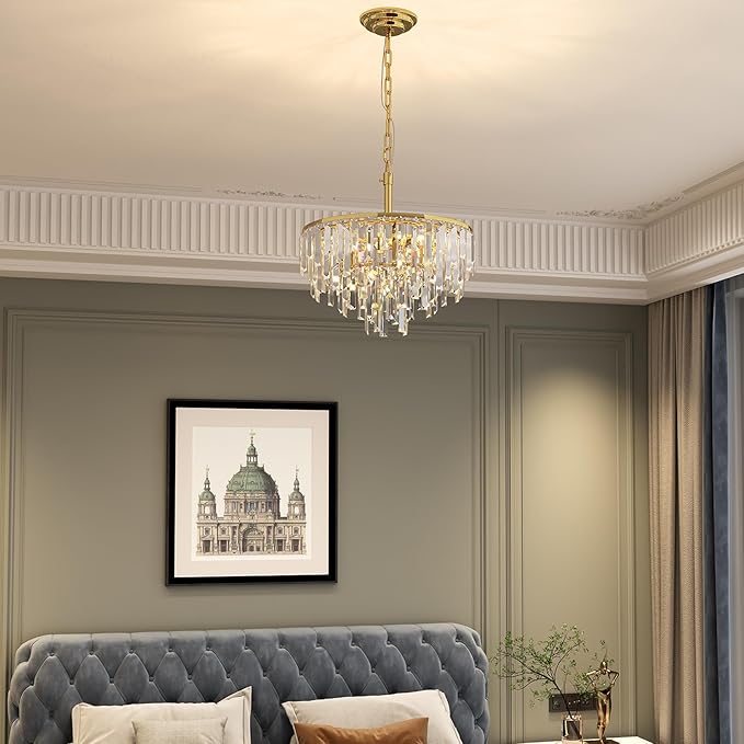 Modern Gold Crystal Chandelier, 18" Round Chandeliers for Dining Room 4-Tier 6 Lights Luxury Top K9 Crystal Ceiling Pendant Light Fixture for Foyer Bedroom Closet