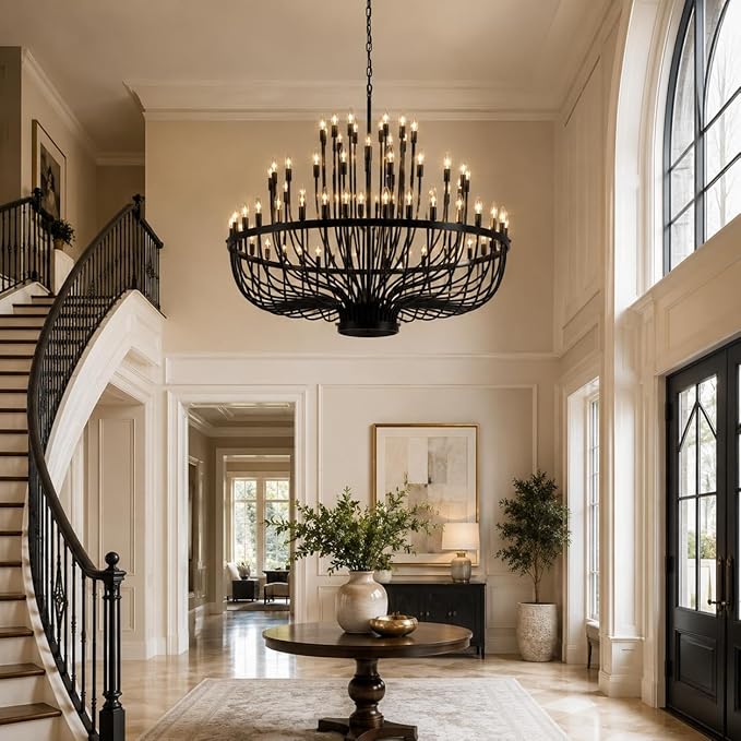 Shandaglo 60 Inch Black Wagon Wheel Chandelier for High Ceilings, 72-Light 3-Tier Extra Farmhouse Foyer Light Fixture, Large Round Pendant for Entryway Staircase Dining Room