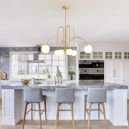 Mid Century Modern Brass Sputnik Chandelier 6-Lights Milk Glass Globe Pendant Light Fixture Nordic Gold and White Chandelier Ceiling Light for Kitchen Island Dining Room