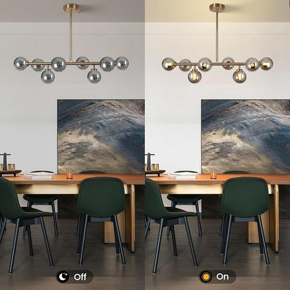 Sputnik Chandelier Gold Pendant Linear Light Modern Mid Century Light Fixture Grey Globe Shade for Dining Living Room Kitchen Island 8-Light