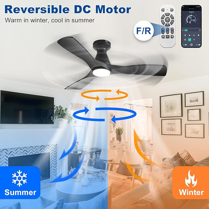 DLLT 42-Inch Ceiling Fans with Lights: Flush Mount Ceiling Fan 3 Blades for Indoor Outdoor - Black Ceiling Fan with Remote APP Control Noiseless for Low Profile Bedroom