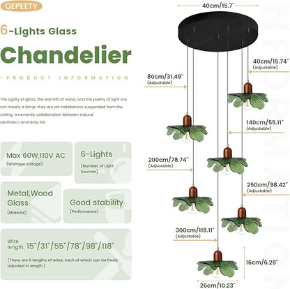 Long Chandelier for High Ceilings Flower Pendant Light 6-Lights Modern Black Chandelier Green Hanging Flush Mount Lighting Fixtures for Spiral Staircase Foyer Entryway Living