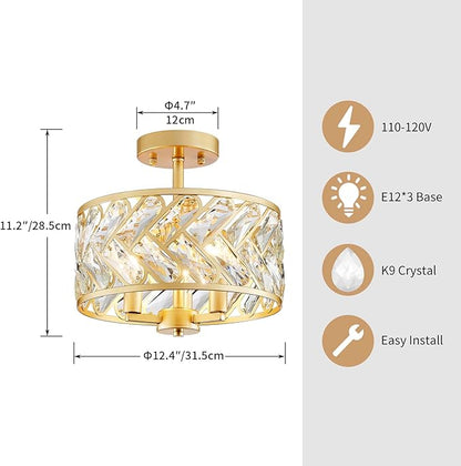 Shrine Lighting Crystal Ceiling Light, Gold Crystal Chandelier for Living Room, D12.4'' x H11.2'', E12*3 Sockets, Ctystal Lampshade & Gold Finish Frame