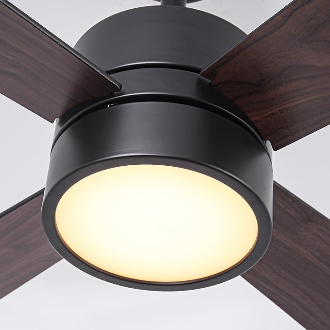 52-Inch DC Motor Ceiling Fan with LED Light, 4 Reversible Blades, Remote & APP Control, Black & Walnut Finish, Dimmable 3-Color Lighting, Energy Efficient Indoor Ceiling Fan with Timer & Memory