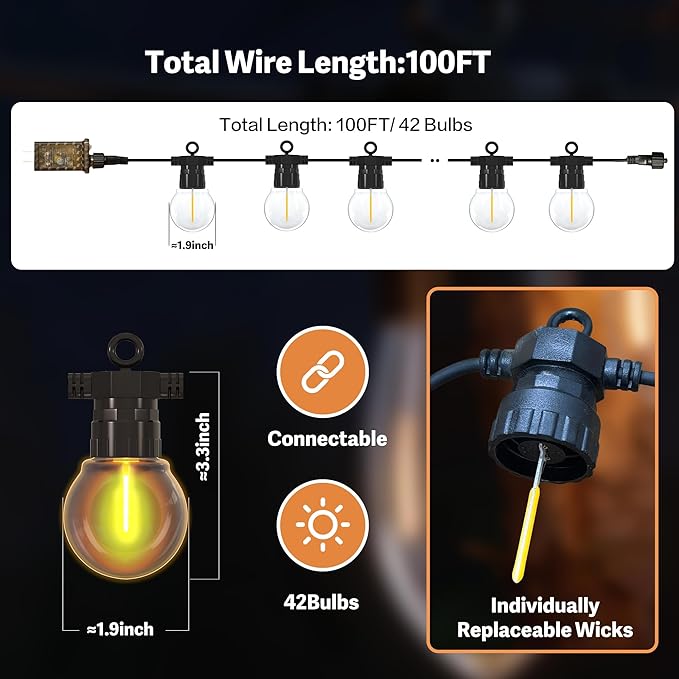 100FT Outdoor String Lights with Remote, 42 Dimmable Shatterproof LED G50 Bulbs, Waterproof Patio & Backyard Lights for Pergola, Deck, Garden, Bistro, Commercial Grade Hanging Lights