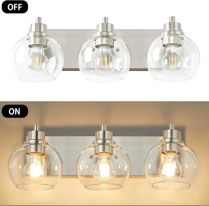 Tuscarora Bathroom Light Fixtures, Brushed Nickel Vanity Light 3 Light Bathroom Vanity Light with Clear Glass Shade,Lighting Fixtures for Mirror