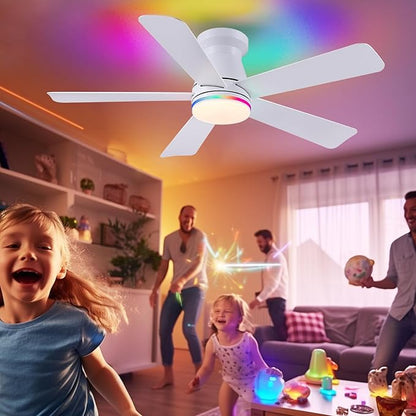 Hounberi 46 Inch Flush Mount Ceiling Fan with RGB Light and Remote, Modern White Low Profile Ceiling Fan for Low Ceilings, 3CCT Dimmable LED, 6 Speeds Quiet Reversible Motor for Bedroom & Living Room