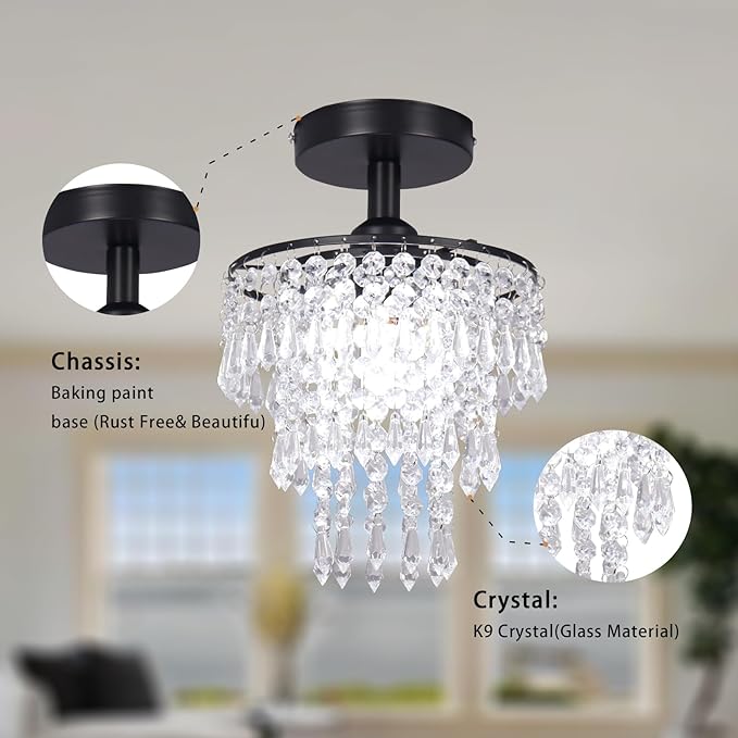 FRIXCHUR Small Crystal Chandelier Flush Mount Ceiling Light 3 Tiers Raindrops Crystal Chandeliers for Bedroom Hallway Foyer Living Room Entryway Closet, Black