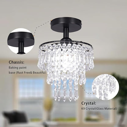 FRIXCHUR Small Crystal Chandelier Flush Mount Ceiling Light 3 Tiers Raindrops Crystal Chandeliers for Bedroom Hallway Foyer Living Room Entryway Closet, Black