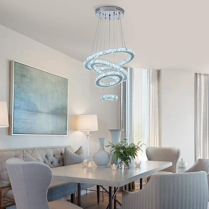 Modern Crystal Chandelier, Dimmable 4 Rings LED Linear Chandelier Dining Room Light Fixture with Remote for Entryway, Bedroom,Living Room and Foyer