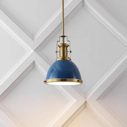 JONATHAN Y JYL9535G 10" Modern Industrial Dome Pendant Light, Farmhouse Hanging Light Fixture in Navy and Brass Gold, Adjustable Height Metal Lighting for Kitchen Island, Dining Room, Entryway