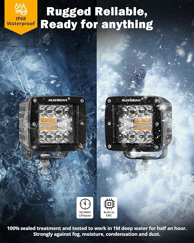 Auxbeam 6 Modes Amber White Series LED Cubes, 3Inch 72W LED Pods Dual Color Off-Road Strobe Lights, Spot Flood Combo Driving Offroad Ditch Lights Flashing Warning Functional, Pair