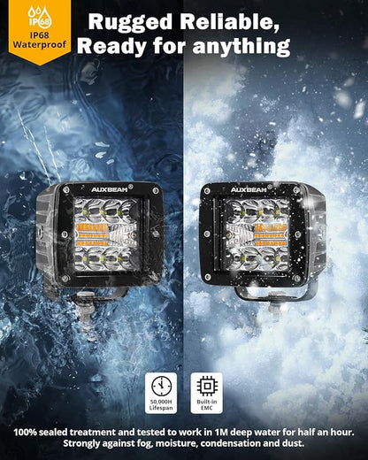 Auxbeam 6 Modes Amber White Series LED Cubes, 3Inch 72W LED Pods Dual Color Off-Road Strobe Lights, Spot Flood Combo Driving Offroad Ditch Lights Flashing Warning Functional, Pair