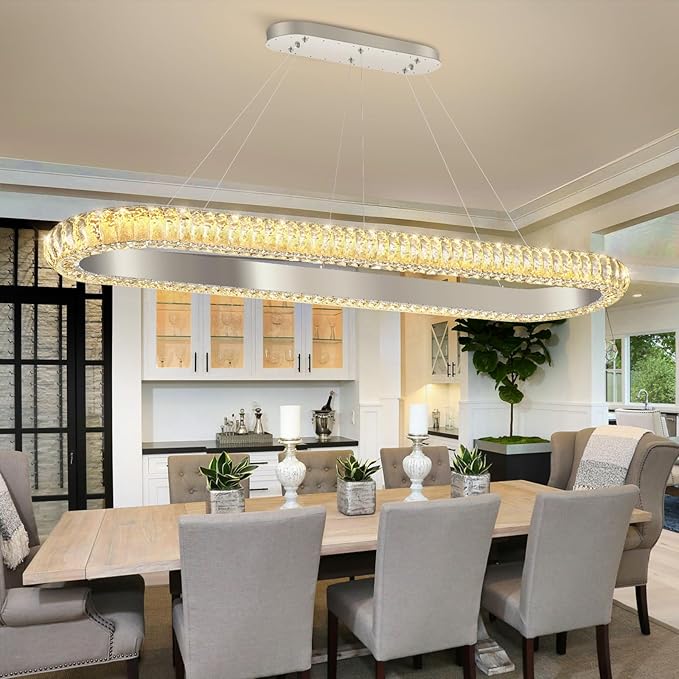 47'' Oval Ring Crystal Chandelier Modern LED Dimmable Ring Pendant Light Chandelier for Dining Room Living Room Silver