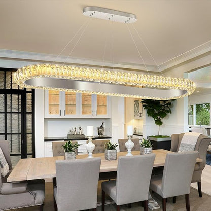 47'' Oval Ring Crystal Chandelier Modern LED Dimmable Ring Pendant Light Chandelier for Dining Room Living Room Silver