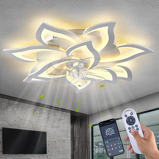 32" Modern Geometric Ceiling Fan with Lights Remote Control, White 6 Speeds 3 Colors Low Profile Ceiling Fan with Light for Living Room