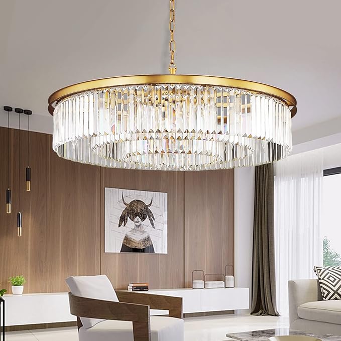 Crystal Chandelier Modern Luxury Pendant Gold Copper Ceiling Lights Fixture for Dining Living Room 12-Lights 3-Tier Raindrop Chandeliers Lighting (Copper, Dia 31 Inch)