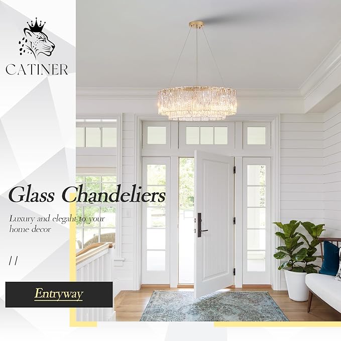 CATINER Gold Chandeliers 24”Modern Crystal Glass Round Chandelier 10-Light Drum Pendant Ceiling Light Fixtures Luxury 2 Tiers Hanging Chandelier for Dining Room Foyer Living Room Bedroom
