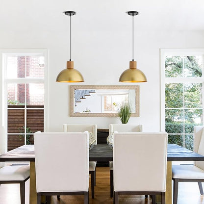 Gold Pendant Light, 11.8" Wood Pendant Lights Fixtures Adjustable Modern Dome Hanging Lighting,for Kitchen Island Dining Room Farmhouse Sink Office Bedroom